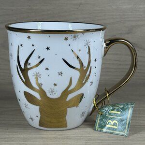 New Mug Gold Reindeer Snow Flake Stars & Trim White Background Winter Holiday